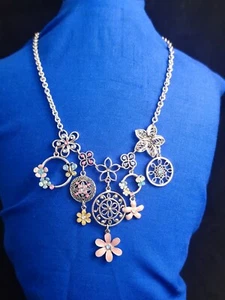 MULTI CHARM NECKLACE FLORAL COLLAGE SILVER TONE DANGLE ENAMEL STATEMENT - Picture 1 of 4