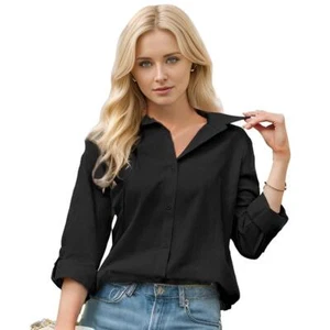 Womens Long Sleeve Button Down Shirt Blouse Loose Fit Casual V-Neck Tops - Picture 1 of 14