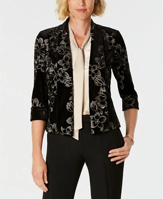 Chaqueta Kasper Estampado Floral Terciopelo Flyaway Negra/Dorada Talla 4 $139 Foto 1 de 3