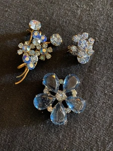 Lot of 3 Blue & AB Rhinestone Brooch Pins Vintage Jewelry - Picture 1 of 5
