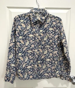 LL BEAN Corduroy Shirt Womens Size M Blue Floral Paisley Button Up Long Sleeve - Picture 1 of 7