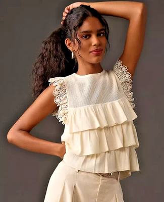 全新带标签 ANTHROPOLOGIE DOLAN 叠层蕾丝袖针织衫背心上衣象牙色 XL — 第 1/4 张图片