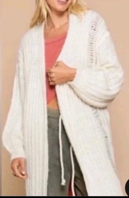 Cárdigan Abierto POL M Plumero Suéter Envejecido Marfil Pescador Grueso Tejido Cómodo Foto 1 de 4