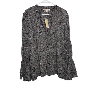 Michael Kors Blouse Women's XL Flare Sleeve Button Up Printed Career Top NWT - Imagen 1 de 11