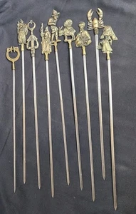 Set Of 9 Vintage Turkish Brass Figures And Stainless Kabobs Skewers 17" - Picture 1 of 7