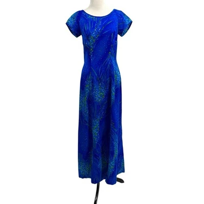 复古 Paradise Hawaii 70 年代蓝色长裙 8 码热带阿罗哈花卉 — 第 1/4 张图片