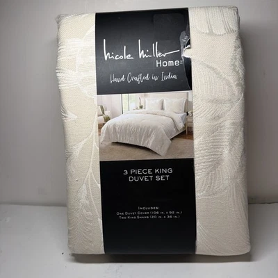 Nicole Miller Home 3 Piece King Duvet Set Cream Embroidered Tropical Palm NEW - Image 1 of 4