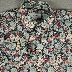 Eton Camicia Contemporanea Uomo Taglia 16,5 42 Grande Blu Rosso Abito Floreale Bottoni - Foto 1 di 8