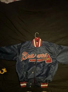 Vtg Rare MLB Atlanta Braves Blue Starter Satin Bomber Jacket Men’s Medium - Picture 1 of 4
