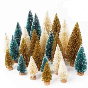 24Pcs Artificial Frosted Sisal Christmas Tree Bottle Brush Trees with Wood Ba... - Picture 1 of 6