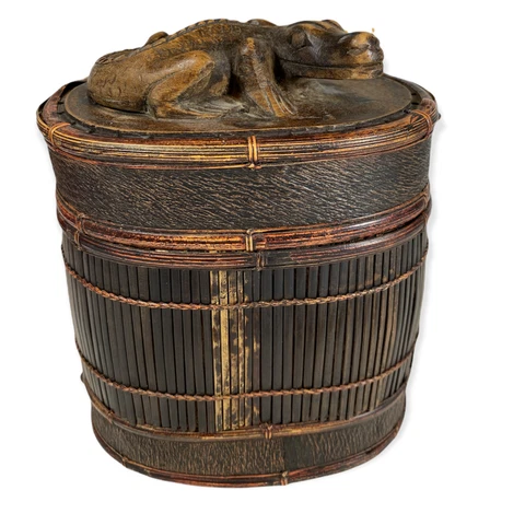 Hand Woven RATTAN Lombok Indonesian Trinket BASKET BOX Carved Wood ALLIGATOR Lid Cover