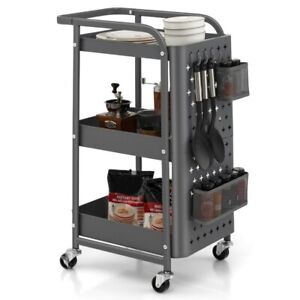 3-Tier Utility Storage Cart Metal Rolling Trolley Kitchen w/DIY Pegboard Baskets
