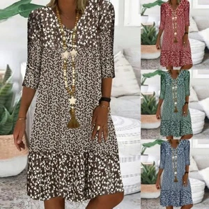 Women Summer Holiday Floral Tunic Dress Ladies Beach Boho Casual Dress Plus Size - Picture 1 of 18