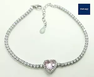 Bracciale donna tennis in argento 925 con cuore zircone rosa contorno - Foto 1 di 10