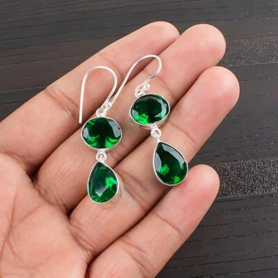 Emerald Lab-Created Gemstone Hook Earrings 925 Sterling Silver Handmade Jewelry - image 1 of 4