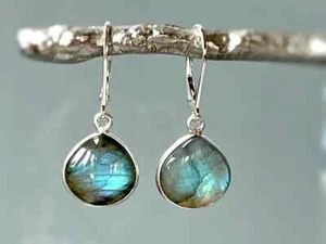 Genuine Rainbow Labradorite 925 Sterling Silver Lever Back Dangle Earrings - Picture 1 of 8