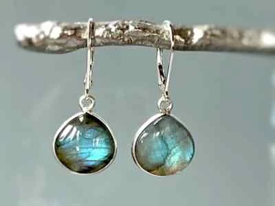 Genuine Rainbow Labradorite 925 Sterling Silver Lever Back Dangle Earrings - Image 1 of 4
