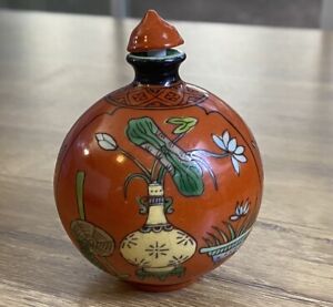 Vintage Chinese Round Painted Porcelain Snuff Bottle SIGNED Flowers Orange