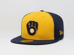 New Era 5950 Men Boys Hat Milwaukee Brewers Alternate Glove Gold Blue Fitted Cap - Picture 1 of 5