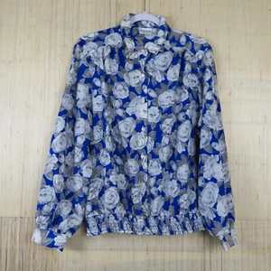 VTG RUSS WOMEN'S LONG SLEEVES FLORAL PRINT BUTTON FRONT BLUE WHITE BLOUSE SZ M - Picture 1 of 12