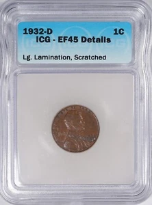 1932 D 1c Lamination Mint Error Wheat Cent Coin ICG - Picture 1 of 3