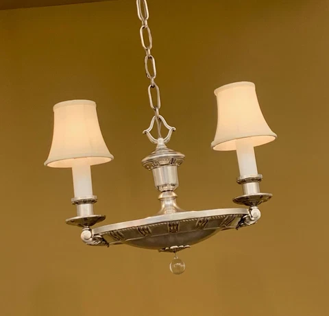 Vintage Lighting 1920s silver plate 2-arm chandelier. Ideal for bedroom or foyer Cover