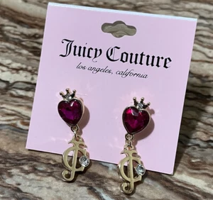 Juicy Couture Joyería Pendientes Oro Corona "JC" Logo Rubí Corazón Piedras Preciosas 38mm - Imagen 1 de 8