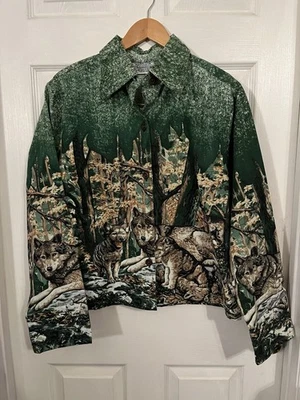 Vtg Whales And Friends Outdoorsy Cabin Light Jacket Wolves Collared Cotton SZ L - Image 1 of 4