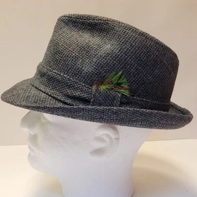 VTG Gray Tweed Wool Fedora Hat Non Plush Ultra Union Made USA Men's M Feather  - Image 1 of 4