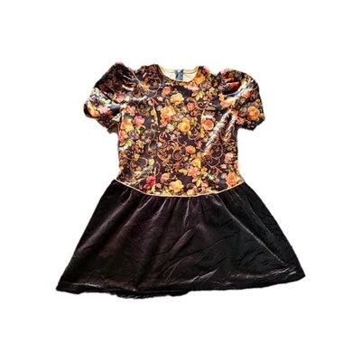 80s 90s Retro Christmas Fall Floral Dress Girls Size 14 Holiday Black Velvet - Image 1 of 4