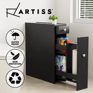 Artiss Bathroom Storage Cabinet Toilet Slim Tissue Box Caddy Side Wooden Black - Picture 1 of 9