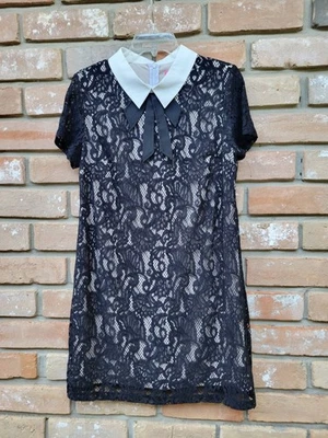  Betsey Johnson Lace Overlay Mini Shift Dress in Black Onyx Sz 12 Collared NWOT  - Image 1 of 4