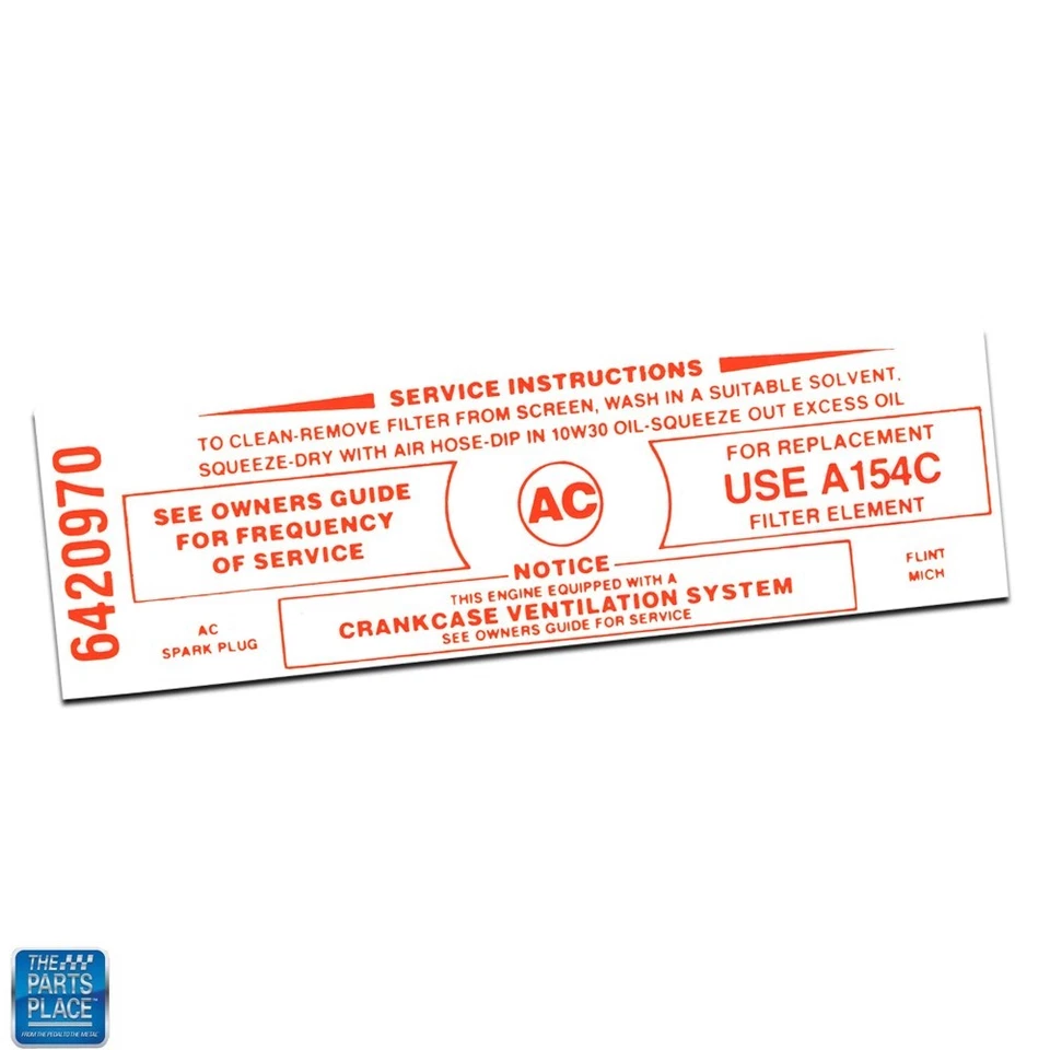 Calcomanía de instrucciones de servicio de purificador de aire Pontiac 1965-1967 - filtro tipo A154C Foto 1 de 1