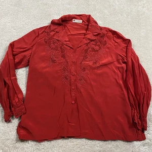 Blusa Peonía Mujer L Roja Seda Bordada a Mano Corte Floral Suave - Imagen 1 de 9