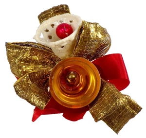 Christmas Corsage Bells Gold White Glitter Red Ribbon Vintage #268 - Picture 1 of 7
