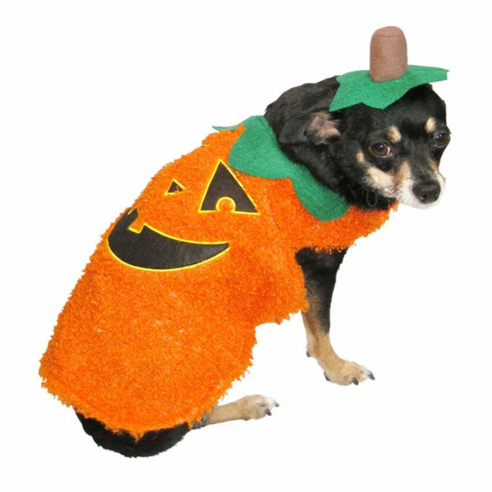 Disfraz de calabaza naranja difuso para perro Jack-o-lantern traje para mascota con sombrero Foto 1 de 1