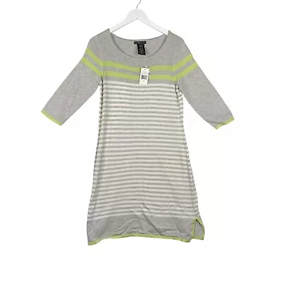 Nuevo con etiquetas Vestido Tejido Historia Diseño Med. Manga 3/4 gris blanco amarillo a rayas Foto 1 de 4