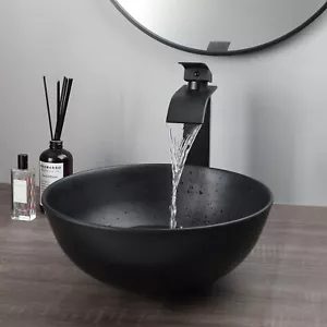 Lavabo de piedra artificial fregadero redondo negro lavabo de baño grifo mezclador drenaje - Imagen 1 de 8