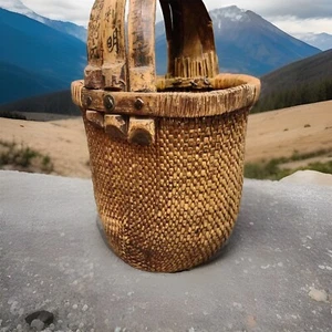 Atq Chinese woven rice basket with bent bamboo handle - Picture 1 of 6