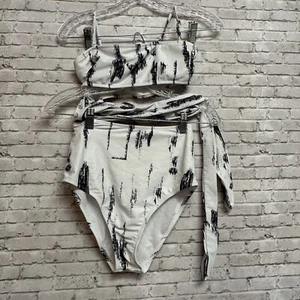 Women Size Small Black/White Three-Piece Swimsuit Bandeau Top Wrap Waist Bikini - Picture 1 of 11