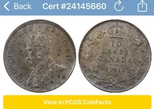 1911 Canade Silver 10 cents coin - PCGS MS-62 - Picture 1 of 1