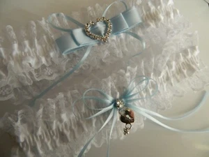 WEDDING GARTER SET- WHITE GARTER SET - RHINESTONE HEART -LOCK AND KEY - Picture 1 of 2
