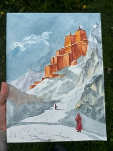 Quadro fatto a mano Lhasa Tibet decorazione parete acquerello originale arte Ucraina - Foto 1 di 12