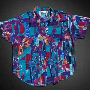 Roamans Vintage Abstract Multicolor Button Down Rayon Shirt Men's Size XL - Picture 1 of 7