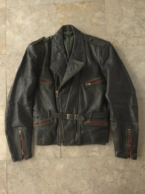 Vintage 1940s 50s German Luftwaffe Style Leather Motorcycle Jacket Black Red S - Image 1 of 4