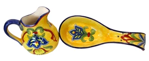 Maxcera Yellow Talavera Stoneware Lot of 2 Creamer and Spoon Rest - Picture 1 of 12