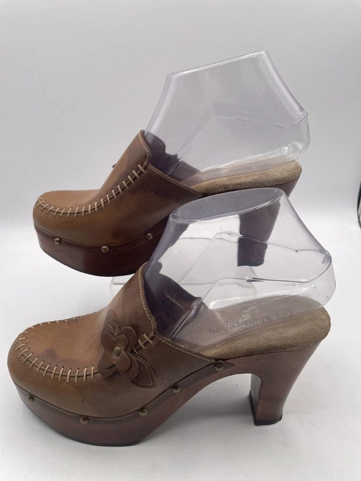 Xhilaration Platform Mule Heel Women Sz 6 Brown Leather Studded Wooden Slip On - Image 1 of 4
