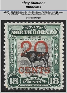 North Borneo, 1909-22, Wild Ox, MLH, Sc.#148 - Cat.$7.00 - Picture 1 of 2