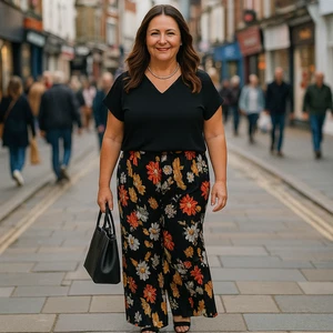 WOMENS LADIES PLUS SIZE CRINKLED TROUSERS PLUS SIZE FLORAL PANTS - Picture 1 of 2