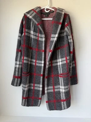Cárdigan Tahari Frente Abierto Talla M Mezcla de Lana Suéter Chaqueta Gris Rojo A Cuadros Foto 1 de 4